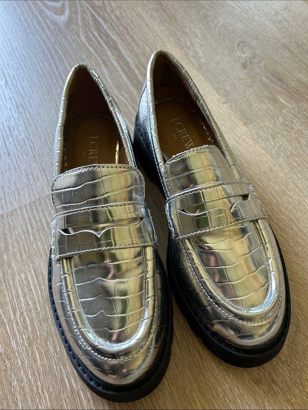 J. Crew Metallic Croc-Embossed Penny Loafers in Silver